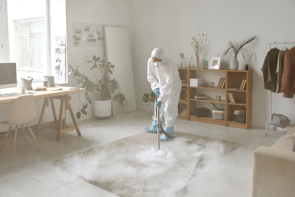 A professional cleaner from Carpet Cleaners Hammersmith, dressed in a white protective suit, gloves, and face mask, is performing steam carpet cleaning in a bright, modern living room. The room features a beige sofa, a wooden shelving unit with decorative items and books, a large mirror leaning against the wall, and a wooden dining table with matching chairs. Natural light from a window illuminates the white walls, creating a clean and fresh atmosphere. The cleaner is using a steam cleaning machine, emitting visible steam onto a light-colored, plush carpet, indicating deep surface cleaning and sanitisation. The room appears well-maintained and free of dust or dirt, emphasizing professional domestic cleaning services provided by Carpet Cleaners Hammersmith.