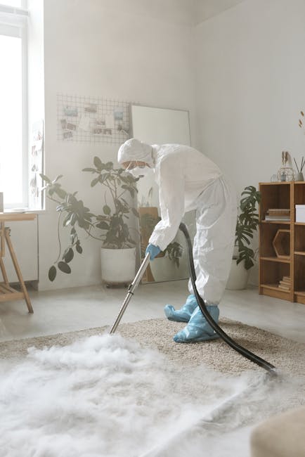 Close-up view of a wet vacuum cleaner with a flexible, patterned hose attached, positioned on a clean, pinkish-beige carpet in a residential interior. The vacuum's transparent dust container shows moisture and debris inside, indicating a deep cleaning process. The room features a wooden skirting board along the wall, and bright, even lighting highlights the cleanliness of the carpet surface. The image showcases equipment used by Carpet Cleaners Hammersmith for surface cleaning and hygiene maintenance, emphasizing professional domestic cleaning techniques in a home environment.